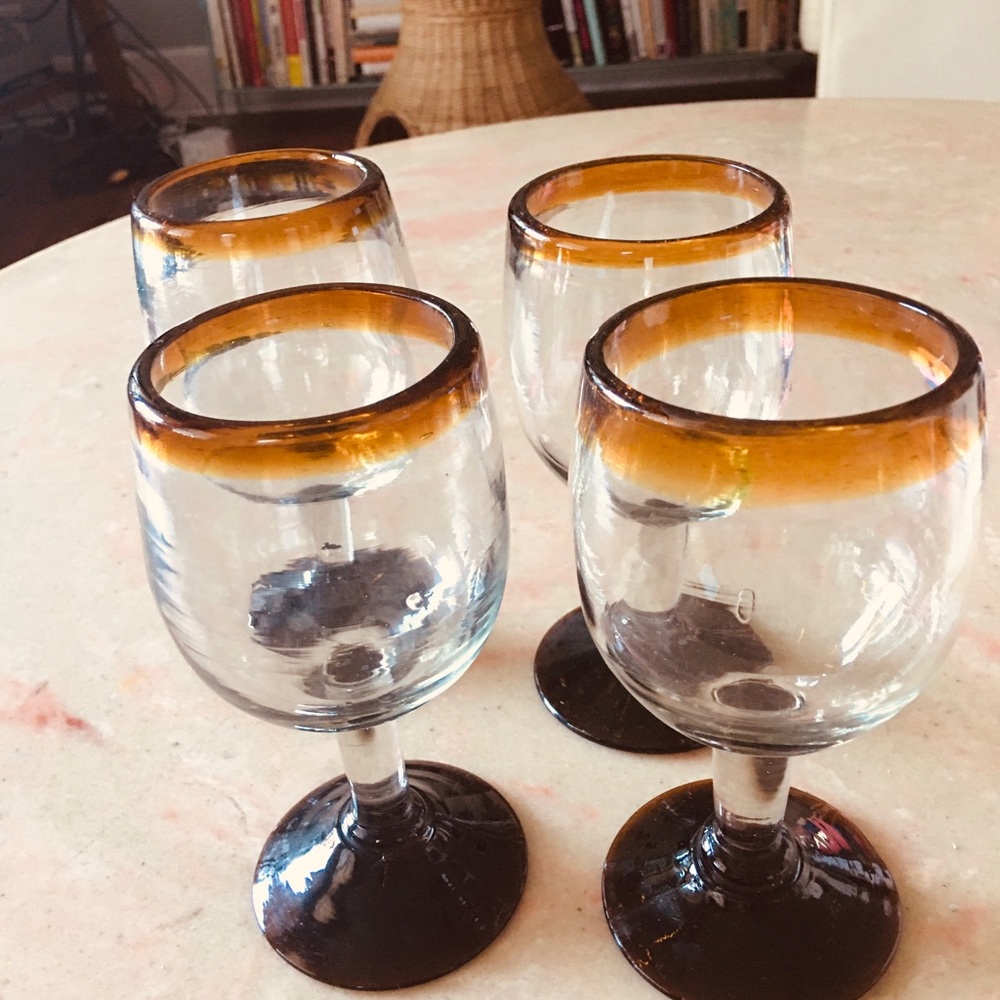 Four handblown wine glasses rare brown edge/bottom